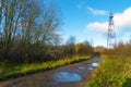 Geodetic tower on the edge of a country road . Vsevolozhsk, Leningrad region