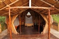 Geodome wood and thatch camping hut