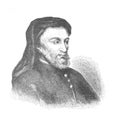 The Geoffrey Chaucer`s portrait, an English poet and author in the old book the Great Authors, by W. Dalgleish, 1891, London Royalty Free Stock Photo