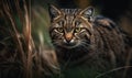 GeoffroyÃ¢â¬â¢s cat small wild feline native to South America crouched low in tall grass alert & ready to pounce on its prey Royalty Free Stock Photo