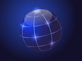 Geographic background with globe, meridians and glowing dots on a dark blue background.