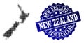 Collage of Halftone Dotted Map of New Zealand and Grunge Stamp Watermark