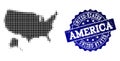 Collage of Halftone Dotted Map of USA and Alaska and Grunge Stamp Watermark