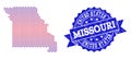 Collage of Gradiented Dotted Map of Missouri State and Grunged Stamp Royalty Free Stock Photo