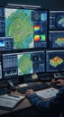 Geographic Information Systems analysis. Data visualization on multiple screens. Analyzing maps and charts in a control Royalty Free Stock Photo