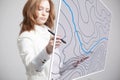 Geographic information systems concept, woman scientist working with futuristic GIS interface on a transparent screen.