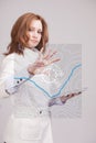 Geographic information systems concept, woman scientist working with futuristic GIS interface on a transparent screen.