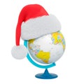 Geographical globe of planet Earth with Santa Claus red Christmas hat, 3D rendering Royalty Free Stock Photo