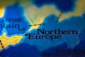Geographical map location of Northern Europe region in European continent on atlas
