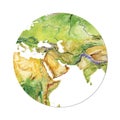 Geographical map of the world. Fragment of Africa, Asia, Europe, Arabian Peninsula, in the round shape. Realistic watercolor Royalty Free Stock Photo