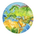 Geographical map of the world. Fragment of Africa, Asia, Europe, Arabian Peninsula, in the round shape. Realistic watercolor