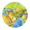 Geographical map of the world. Fragment of Africa, Asia, Europe, Arabian Peninsula, in the round shape. Realistic watercolor Royalty Free Stock Photo