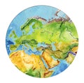 Geographical map of the world. Fragment of Africa, Asia, Europe, Arabian Peninsula, in the round shape. Realistic watercolor Royalty Free Stock Photo