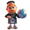 Geographically minded Scottish man in kilt holds globe of the Earth, 3d illustration