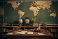 Geography class with chalkboard, books and globe. Generative AI Royalty Free Stock Photo