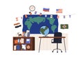 Geography classroom with world map, country flags, globe. Empty school class room interior with geographic study stuff Royalty Free Stock Photo