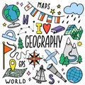 Geography and geology education subject handwriting doodle icon of earth exploration and map design sign and symbol in Royalty Free Stock Photo