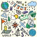 Geography and geology education subject handwriting doodle icon of earth exploration and map design sign and symbol in Royalty Free Stock Photo