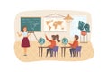 Geography lesson in classroom scene. Teacher stands by blackboard