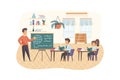Geography lesson scene. Teacher stand by chalkboard, pupils study in classroom Royalty Free Stock Photo