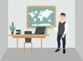 Geography lesson at school - cartoon cute characters illustration with a young teacher. Classroom with different visual Royalty Free Stock Photo