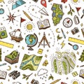 Geography symbols seamless pattern. Equipments for web banners background. Vintage outline sketch for web banners Royalty Free Stock Photo