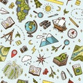 Geography symbols seamless pattern. Equipments for web banners background. Vintage outline sketch for web banners Royalty Free Stock Photo