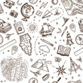 Geography symbols seamless pattern. Equipments for web banners background. Vintage outline sketch for web banners Royalty Free Stock Photo