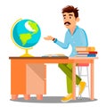 Geography Teacher In Glasses Sitting At Table With Books And Globe Vector. Isolated Illustration