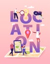 Geolocation Concept. Tiny Characters at Huge Location Map, People Use Online Smartphone Application Search Route, Gps Royalty Free Stock Photo
