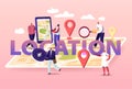 Geolocation Concept. Tiny Characters at Huge Location Map, People Use Online Smartphone Application Search Route, Gps Royalty Free Stock Photo