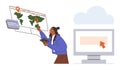 Woman Analyzing Global Map with Digital Tools and Cloud-Based Computer for Geolocation and Data Management Royalty Free Stock Photo