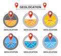 Geolocation map pin pointer, gps navigation, location road point icon set. Tracking transport travel route, address marker. Vector