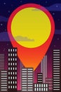 Geolocation symbol with workspace on the background of night city skyscrapers, stars and clouds. Vector