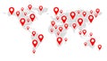 Geolocation on the world map. Planet Earth. America, Asia, Africa, USA. Red markers icons. Map of points. Global network.