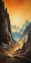 Sci-fi Landscape Painting With Mountains And Sunset