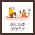 Geological expedition cartoon vector poster, man dug up and found an mineral, woman scientist with magnifying glass