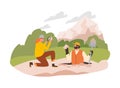 Geological expedition, man dug up and found an mineral, woman scientist with magnifying glass flat vector illustration