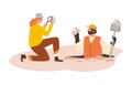 Geological expedition, man dug up and found an mineral, woman scientist with magnifying glass vector flat illustration