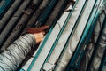 Geological gold core samples with team of mining workers measuring drilled rock top view. Selective focus Royalty Free Stock Photo