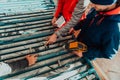 Geological gold core samples with team of mining workers measuring drilled rock top view. Selective focus Royalty Free Stock Photo