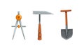 Geological Mining Industry Equipment Set, Pickaxe, Compass Tool, Shovel Cartoon Vector Illustration