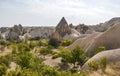 Geological mountain formations with dovecotes of the Pigeon valley in Goreme, Cappadocia, Turkey