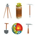 Geological Tool and Symbols with Tripod, Shovel, Pickaxe, Earth Core and Column of Soil Cut Section Vector Set
