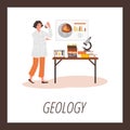 Geologist analyzing soil levels and composition, scientist woman in laboratory on cartoon vector poster in brown frame