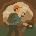 Geologist with backpack exploring cave using GPS device and discovering geocache with geological surveys inside Royalty Free Stock Photo