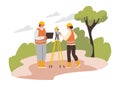 Geologist field work composition with man and woman taking geodetic measurements in nature landscape vector illustration