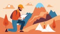 A geologist takes notes and draws sketches while exploring a mountain range looking for telltale signs such as fault