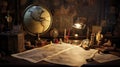 Geologist work desk. On his desk are: map case, geological hammer, compass, magnifying glass, drill core, rock samples,