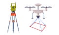 Geology Instrument and Tool with Tacheometer on Tripod and Copter Vector Set